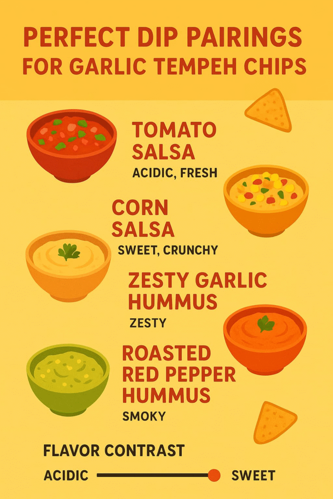 “Delectable dip options to complement garlic tempeh chips, ranging from tangy salsa to creamy, zesty hummus”.