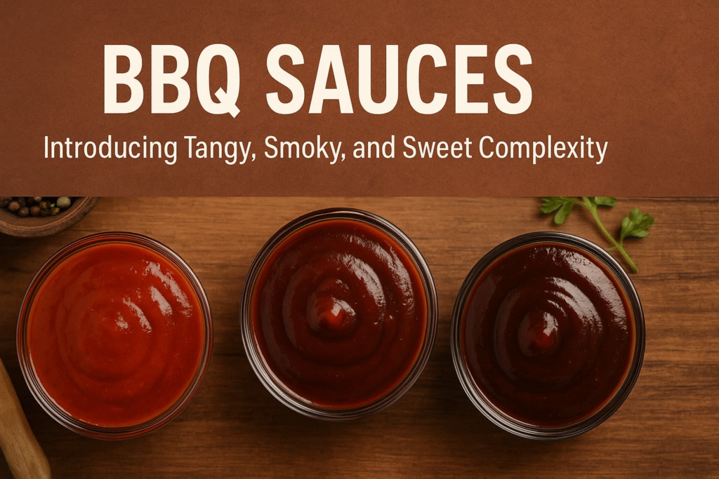 “Tangy, smoky, and sweet BBQ sauces in glass jars, perfect for dipping garlic tempeh chips or other savory snacks”.