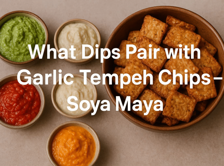 “Assortment of dips including pesto, creamy sauce, and orange-colored dip alongside fried tempeh chips”.