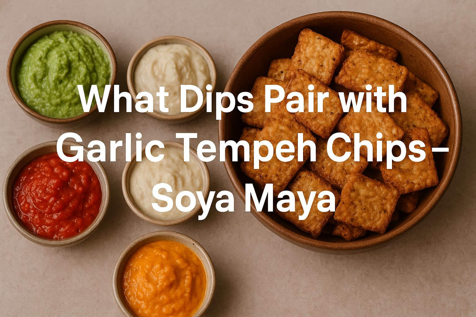 “Assortment of dips including pesto, creamy sauce, and orange-colored dip alongside fried tempeh chips”.