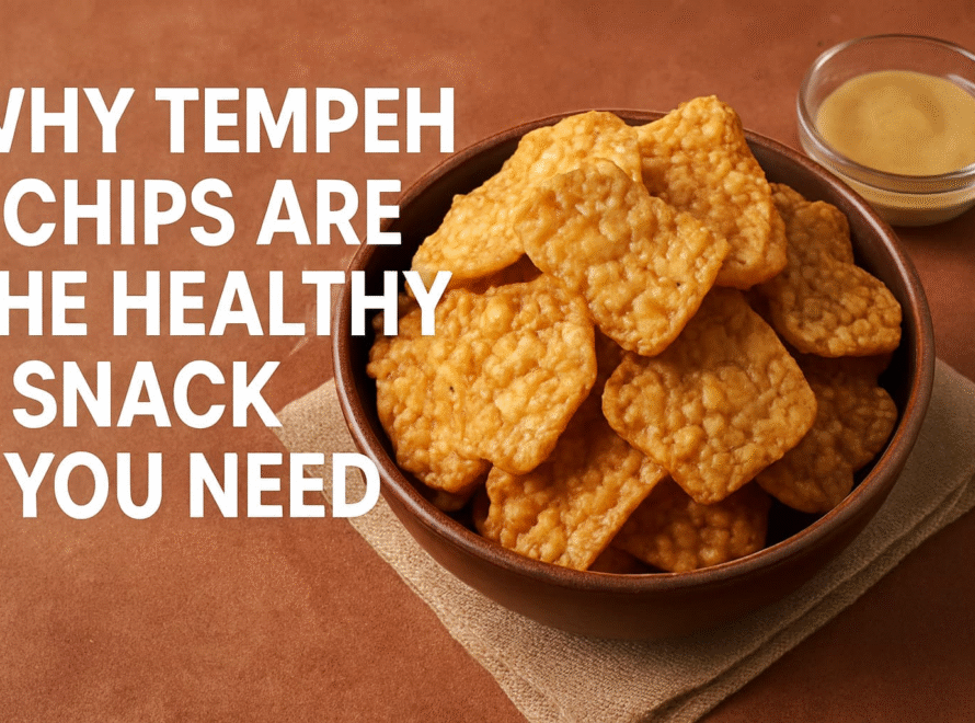“Crispy, golden tempeh chips in a bowl, accompanied by a dipping sauce, showcasing a healthy snack option”.