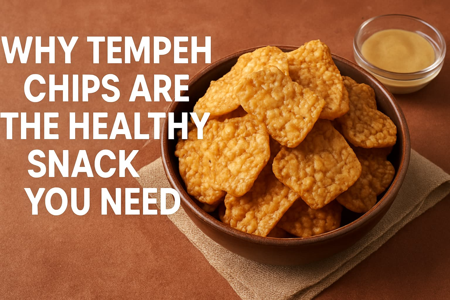 “Crispy, golden tempeh chips in a bowl, accompanied by a dipping sauce, showcasing a healthy snack option”.