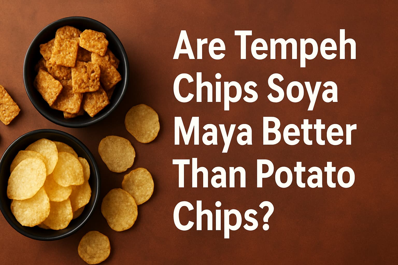 “Are Tempeh Chips Soya Maya Better Than Potato Chips? Two bowls of snacks, one with Tempeh Chips Soya Maya and the other with potato chips."