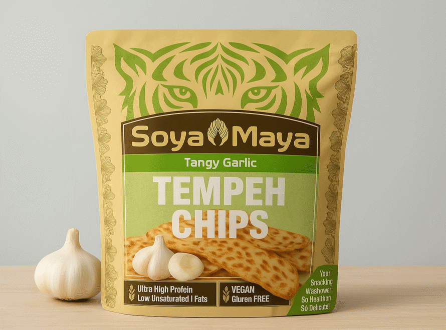 “Tangy Garlic Tempeh Chips SoyaMaya, a vegan and gluten-free snack option with high protein and low unsaturated fats”.