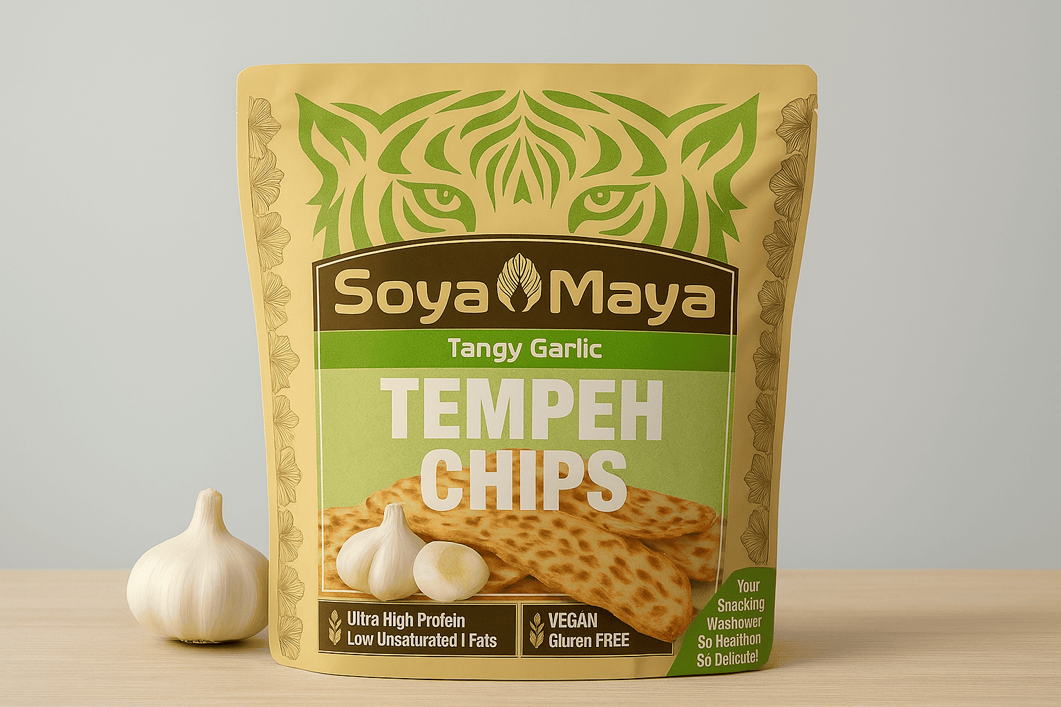 “Tangy Garlic Tempeh Chips SoyaMaya, a vegan and gluten-free snack option with high protein and low unsaturated fats”.