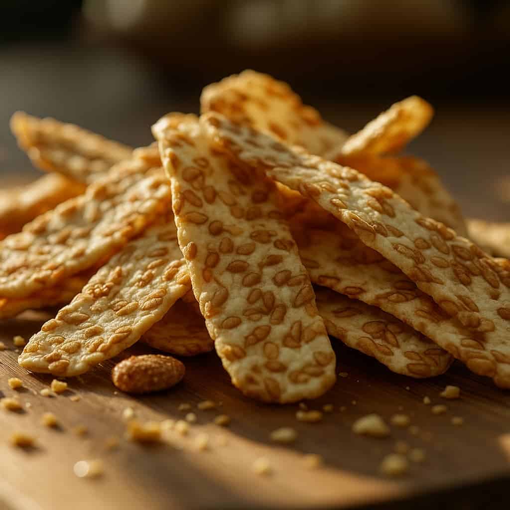 “Crispy, tangy garlic tempeh chips by SoyaMaya, a vegan and gluten-free snacking option with a delicious, textured appearance”.