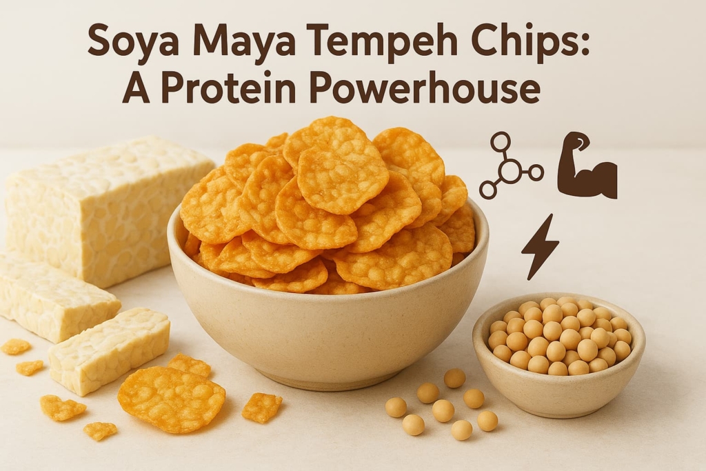 Golden Soya Maya Tempeh Chips in a bowl, showcasing high-protein snack made from soy. Accompanied by soy blocks and soybeans, highlighting plant-based, nutritious, gluten-free, and vegan-friendly snack options for healthy living.