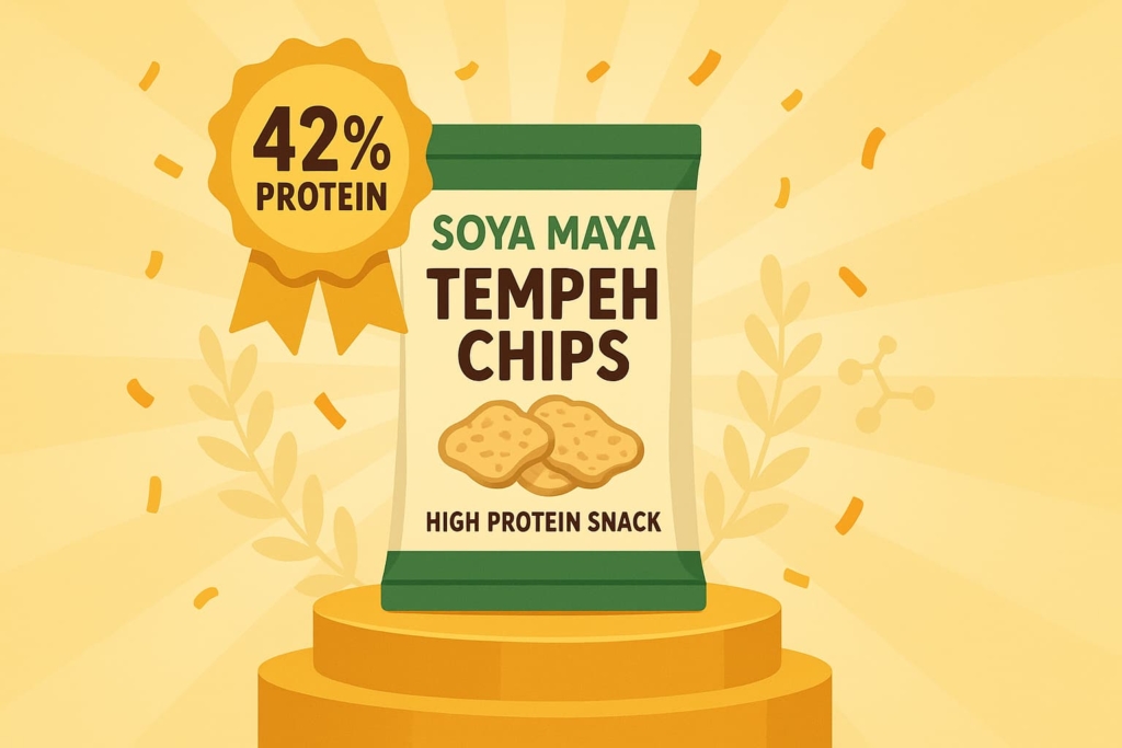 "The image shows a package of Soya Maya Tempeh Chips, which are high-protein snacks containing 42% protein, as indicated by the badge on the packag".