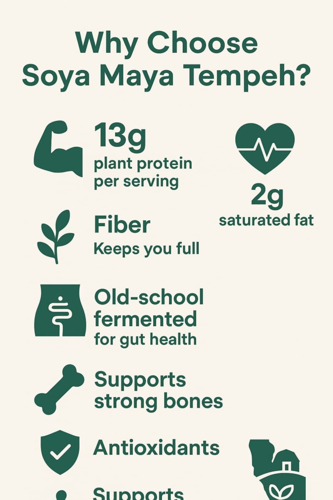 “The image highlights the key health benefits of Soya Maya Tempeh, including high plant protein, fiber, gut health, strong bones, and antioxidants. The main keyword "What Are the Health Benefits of Tempeh Chips Soya Maya?" is effectively covered in the alt text”.