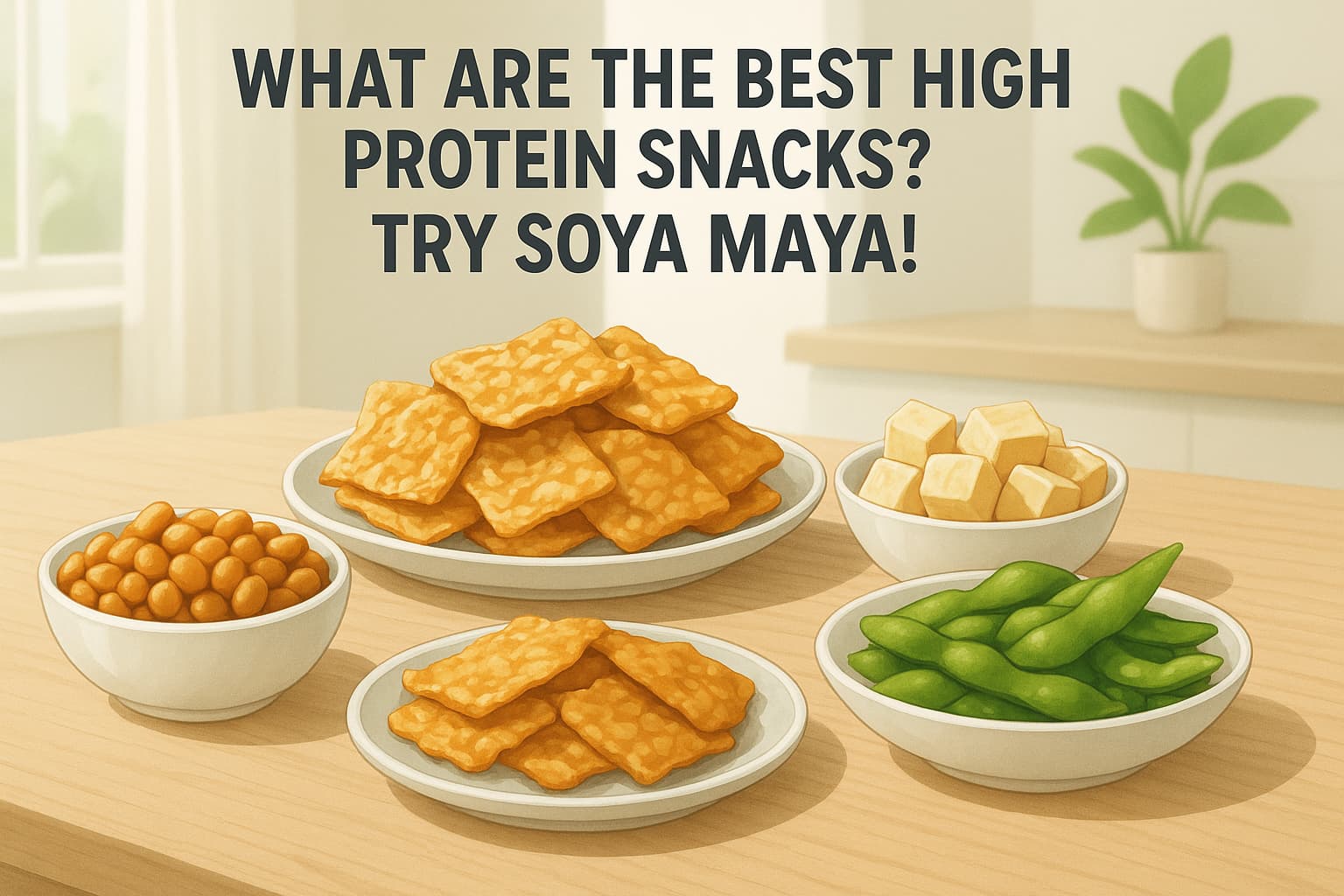 Crispy soy Maya snack plates with edamame, tofu, and fried soybean snacks for high protein healthy snack options in the image.