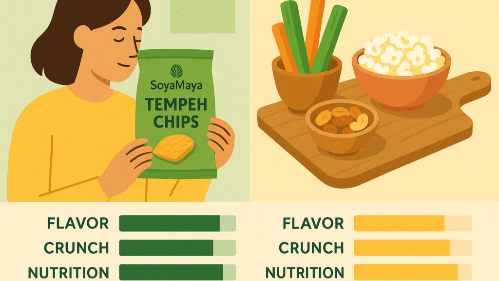 Tempting tempeh chips alongside nutritious snacks.