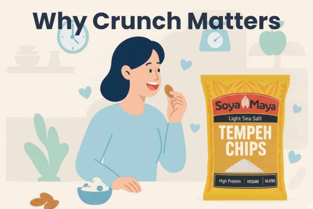 Crunchy Soya Maya tempeh chips with light sea salt, vegan, high protein snack.