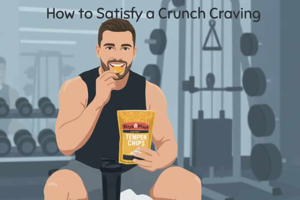 Delicious Soya Maya Tempeh Chips snack in gym setting, healthy plant-based protein snack.