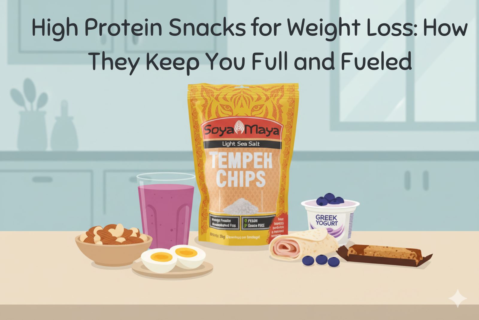 Crispy Soya Maya Tempeh Chips with yogurt, eggs, nuts, and berry smoothie on a kitchen counter.