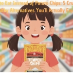 Soya Maya tempeh chips in a shopping aisle with a smiling girl holding the snack package.