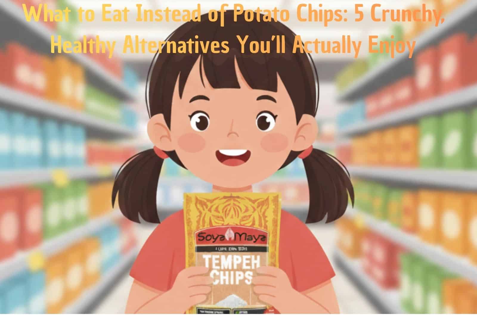 Soya Maya tempeh chips in a shopping aisle with a smiling girl holding the snack package.