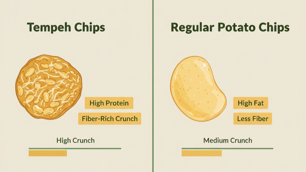 “Comparison of tempeh chips and potato chips highlighting crunch levels and nutritional benefits.”