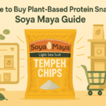 Guide on where to buy plant-based protein snacks showing Soya Maya tempeh chips available at online stores and local retail shops for convenient purchasing.
