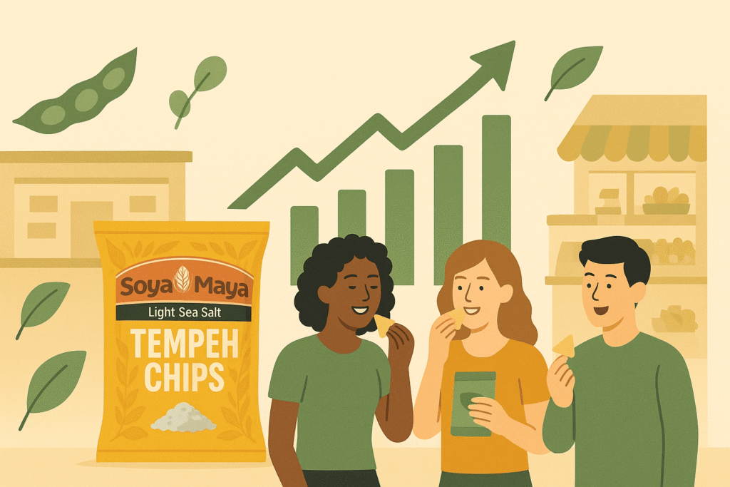 Illustration of diverse customers enjoying Soya Maya tempeh chips with growth chart showing plant-based protein snack market expansion and success.