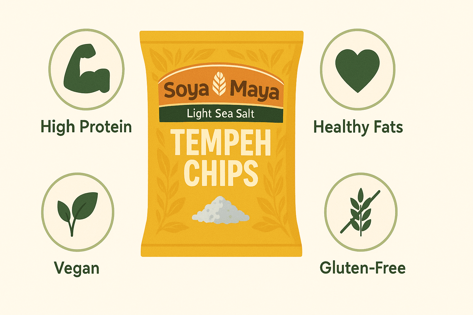 Product benefits infographic for Soya Maya tempeh chips highlighting high protein, healthy fats, vegan, and gluten-free plant-based snack features.