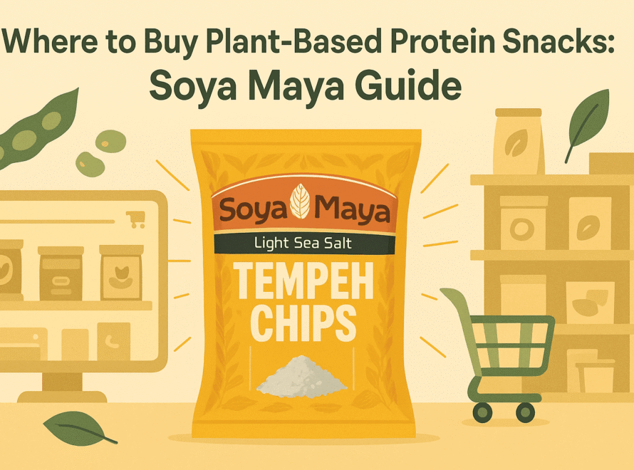 Guide on where to buy plant-based protein snacks showing Soya Maya tempeh chips available at online stores and local retail shops for convenient purchasing.