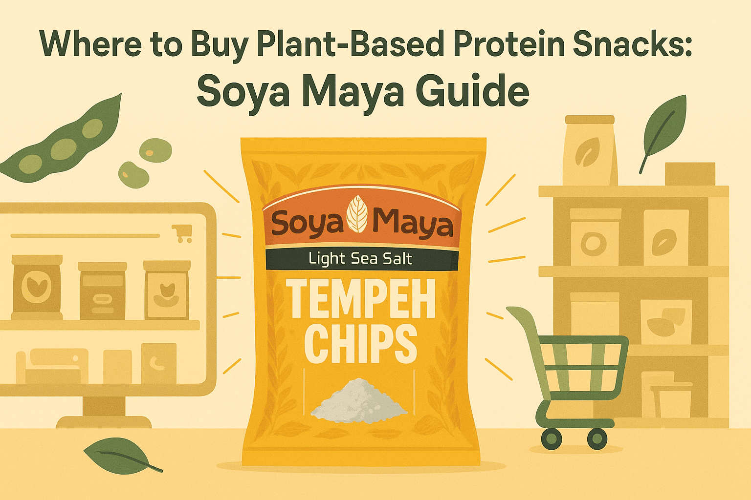 Guide on where to buy plant-based protein snacks showing Soya Maya tempeh chips available at online stores and local retail shops for convenient purchasing.