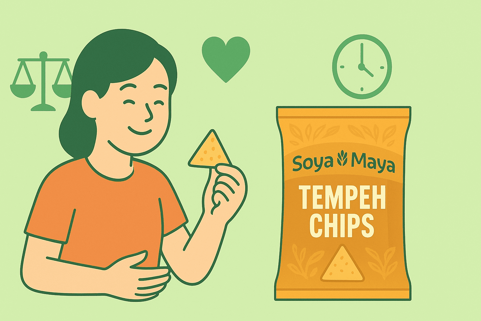 Happy woman holding chip with scales, heart, and clock icons representing justice, love, and time for Soya Maya Tempeh Chips.