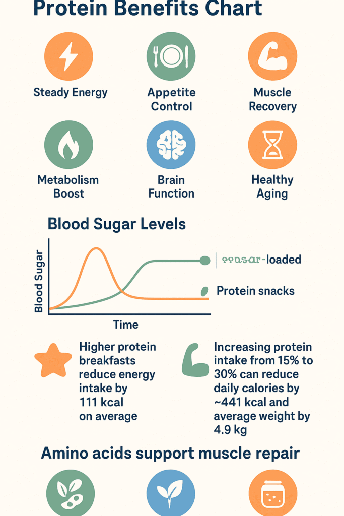 Infographic showing protein benefits: steady energy, appetite control, muscle recovery, metabolism boost, brain function, and healthy aging.