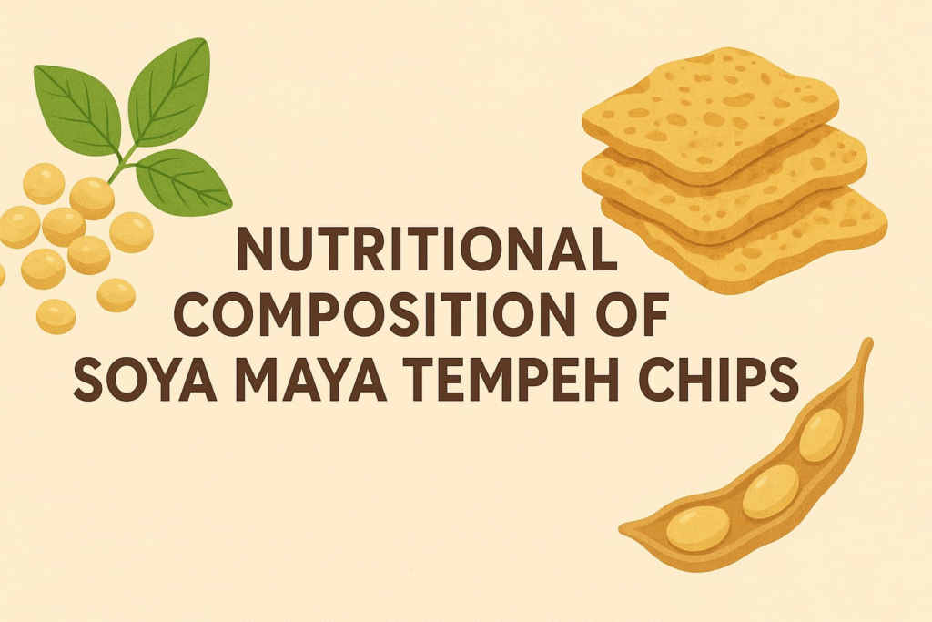“Infographic highlighting the nutritional composition of Soya Maya tempeh chips, including details about their plant-based ingredients and health benefits”.