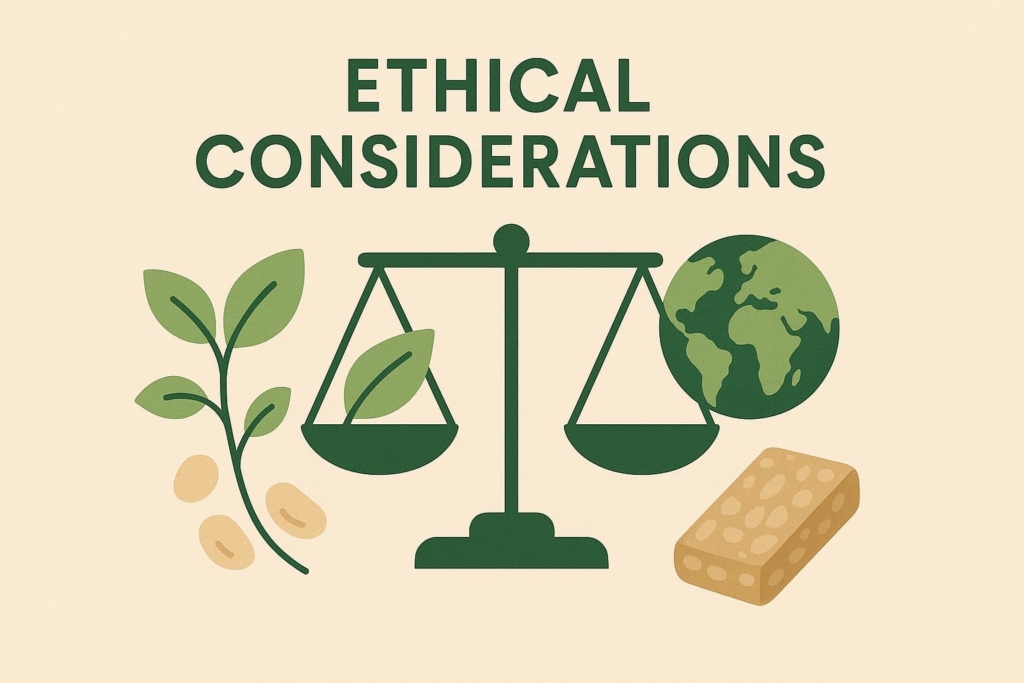 “Ethical considerations in the production of Soya Maya's vegan high-protein snacks, represented by a balanced scale, planet, and plant-based ingredients”.