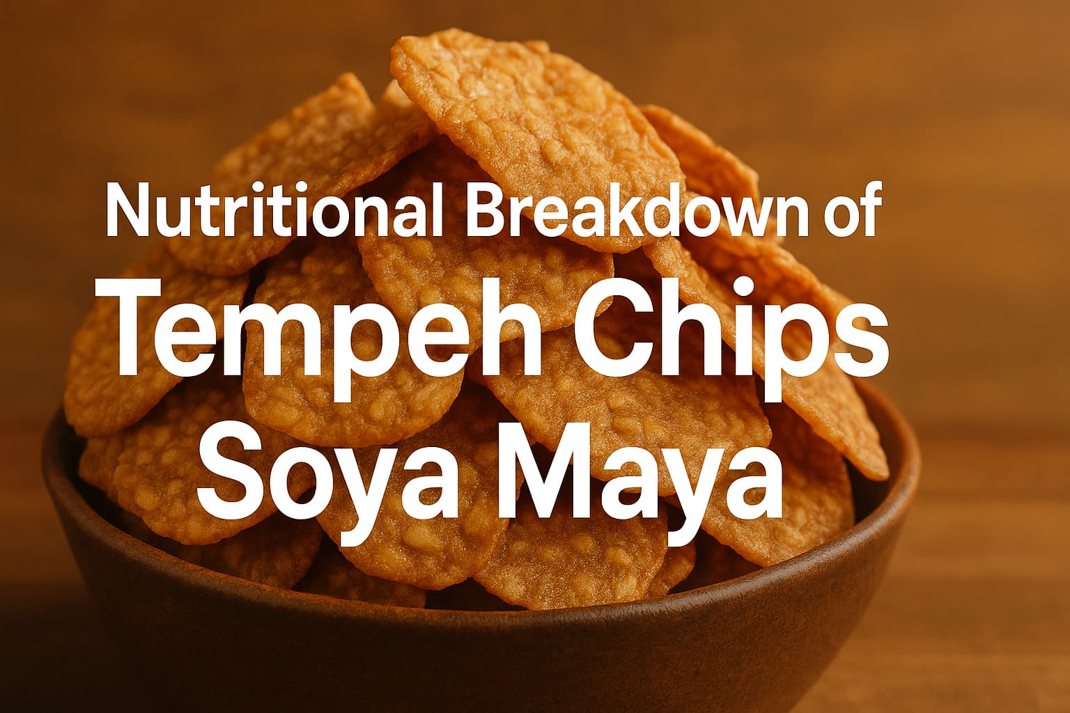 “The image shows a bowl filled with crispy tempeh chips, highlighting the nutritional breakdown of this healthy snack from Soya Maya”.