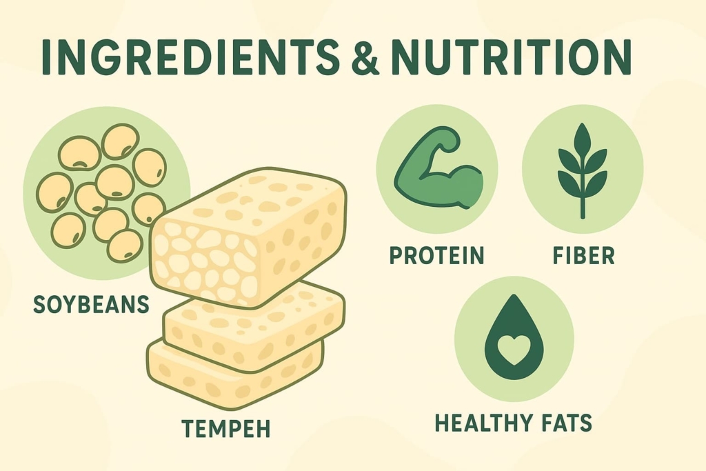 “Ingredients and nutrition information for the vegan high-protein snacks by Soya Maya, including soybeans, tempeh, protein, fiber, and healthy fats”.