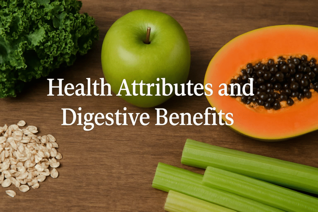 “The image depicts various healthy foods, including an apple, papaya, lettuce, and oats, highlighting their health attributes and digestive benefits”.