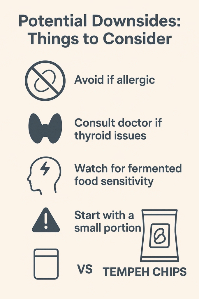 "Potential downsides to consider when enjoying fried tempeh chips, including allergies, thyroid issues, and fermentation sensitivity."