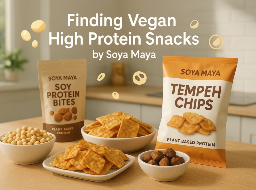 Vegan plant-based protein snacks including soy protein bites and tempeh chips from Soya Maya on a kitchen counter.