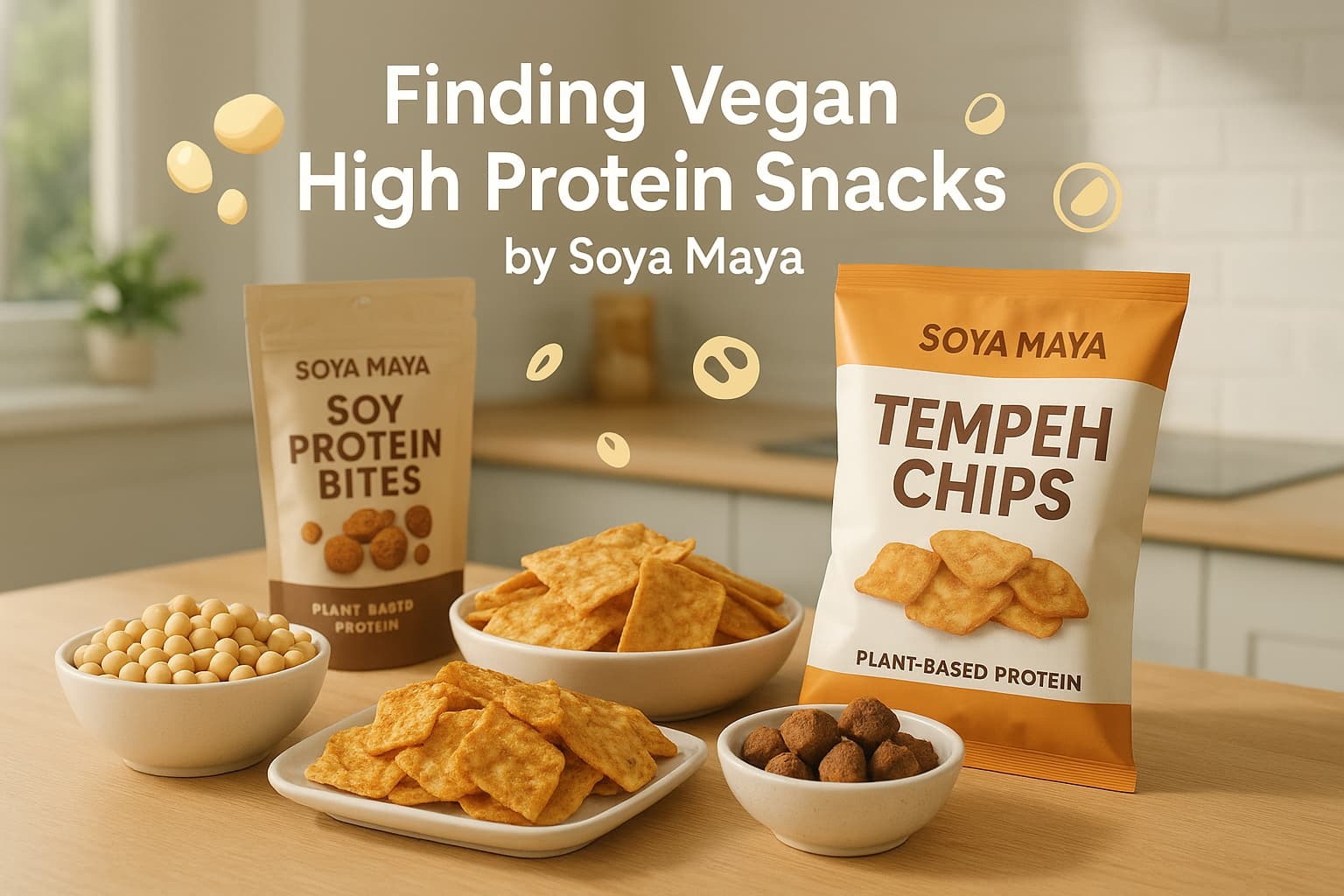 Vegan plant-based protein snacks including soy protein bites and tempeh chips from Soya Maya on a kitchen counter.