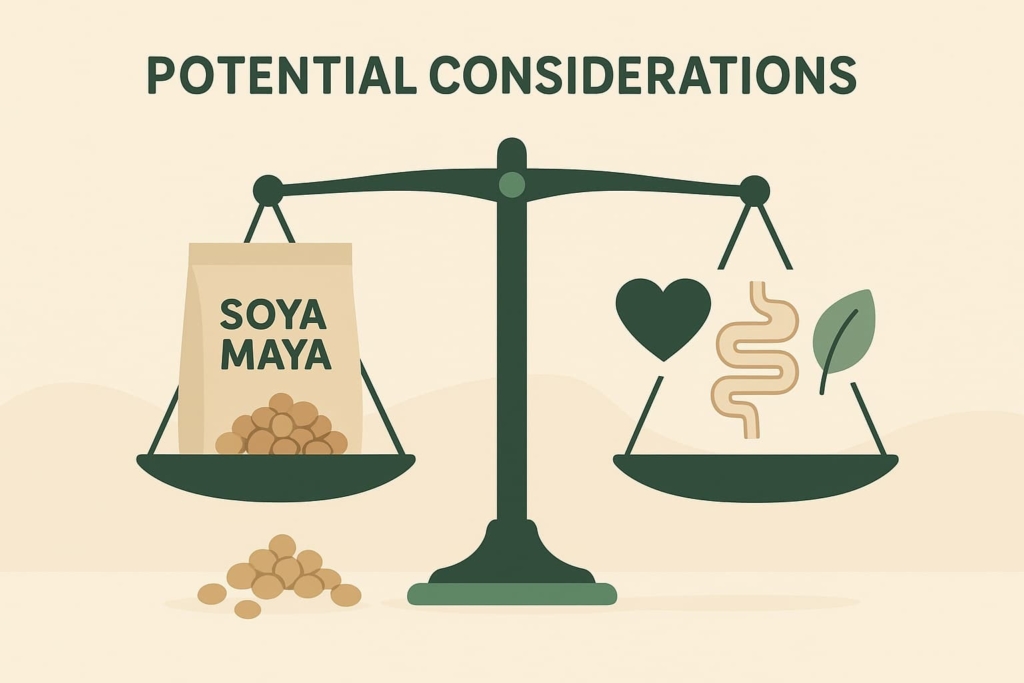 “Infographic weighing the health benefits of Soya Maya's protein-rich snacks against potential considerations for consumers”.