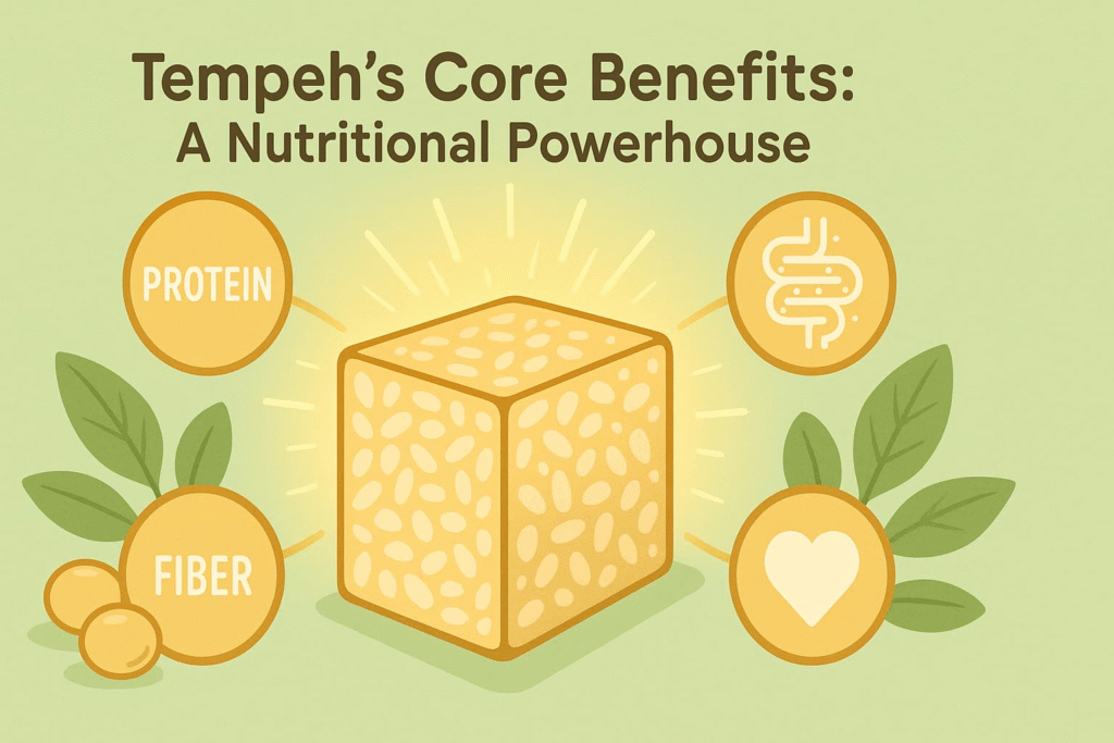 "Tempeh's core nutritional benefits showcased, highlighting its status as a superfood packed with protein, fiber, and gut-friendly elements."