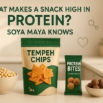 Crunchy tempeh chips and protein bites made from soy, highlighting high plant-based protein content and healthy snack options by Soya Maya.