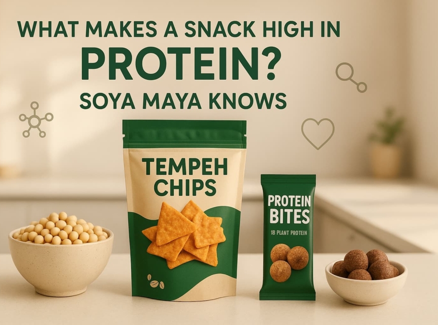 Crunchy tempeh chips and protein bites made from soy, highlighting high plant-based protein content and healthy snack options by Soya Maya.