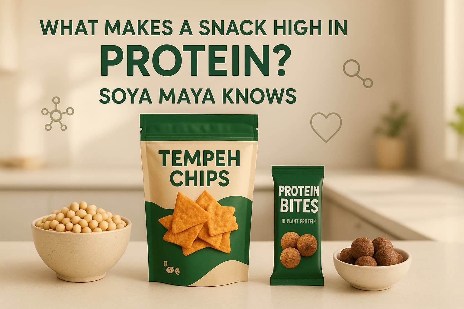 Crunchy tempeh chips and protein bites made from soy, highlighting high plant-based protein content and healthy snack options by Soya Maya.