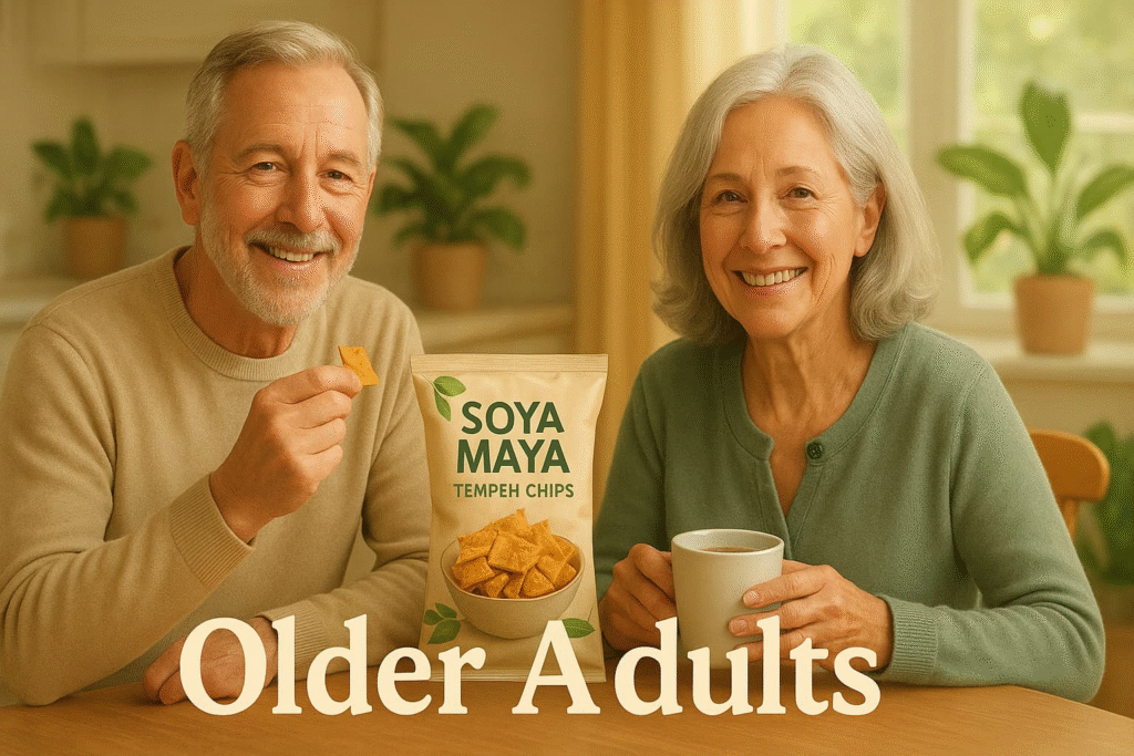 "Healthy snacking options like tempeh chips and soya maya provide nutrition and enjoyment for older adults seeking balanced diets."