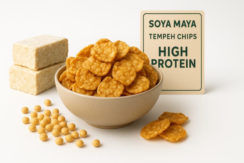 “Soya Maya Tempeh Chips, a high-protein snack that may support muscle building, showcased in an appetizing image”.