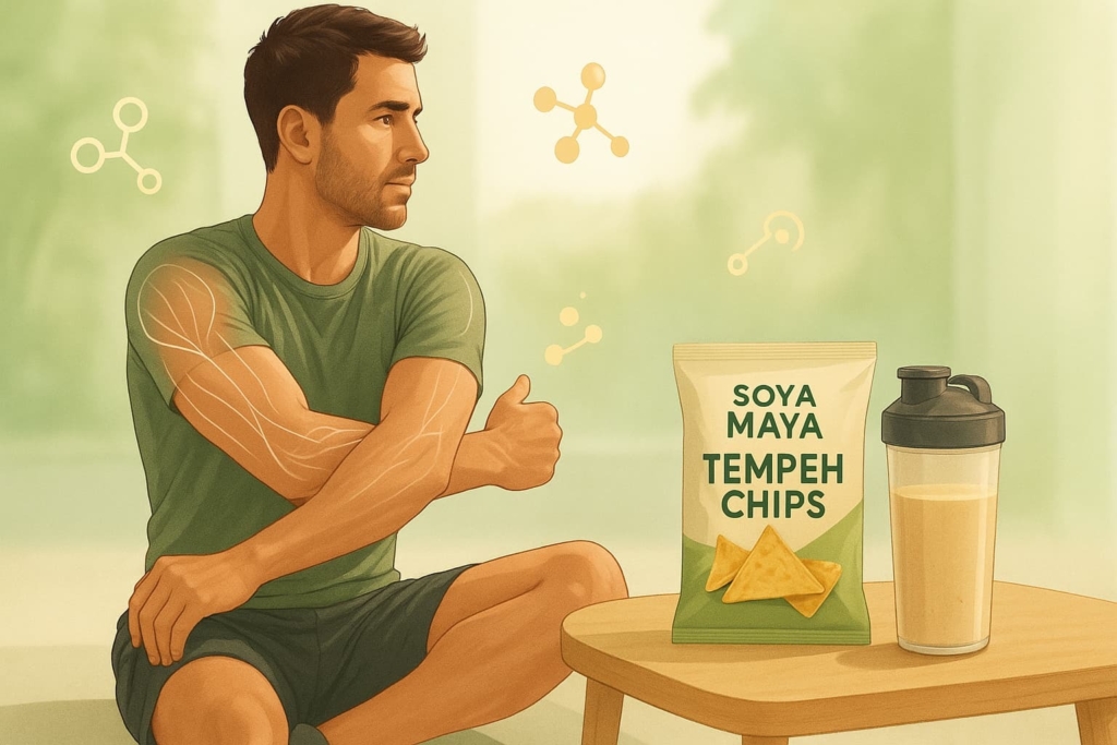“A person sitting and contemplating the potential muscle-building benefits of Soya Maya Tempeh Chips, a high-protein snack”.