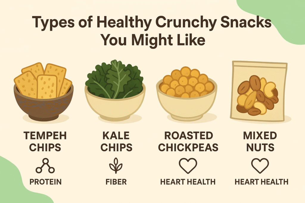 “An illustration showcasing various healthy crunchy snack options, including tempeh chips, kale chips, roasted chickpeas, and mixed nuts, along with their health benefits”.
