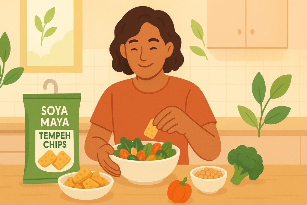 “Illustration showcasing a woman enjoying Soya Maya tempeh chips, a healthy high-protein plant-based snack option”.