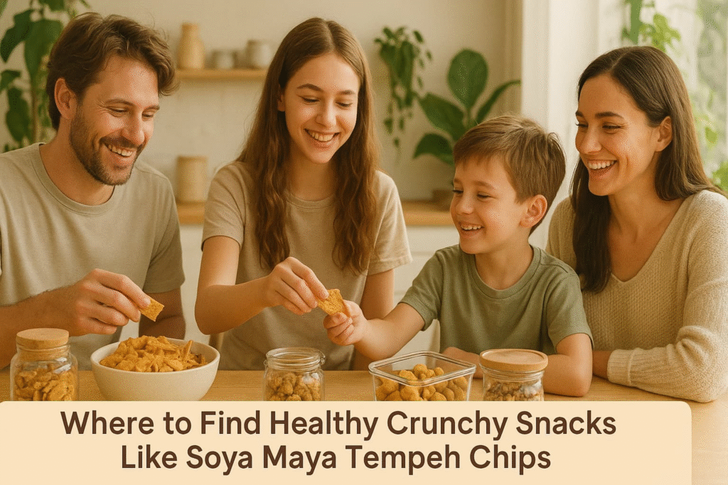 “A happy family enjoying healthy crunchy snacks like Soya Maya tempeh chips together, surrounded by plants in a cozy home environment”.
