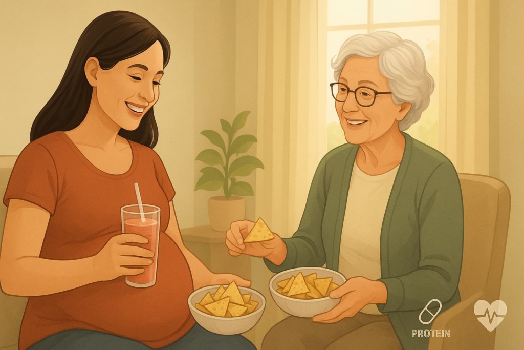 “Older women and younger women enjoying Soya Maya tempeh chips, a healthy high-protein plant-based snack, highlighting its appeal across generations”.