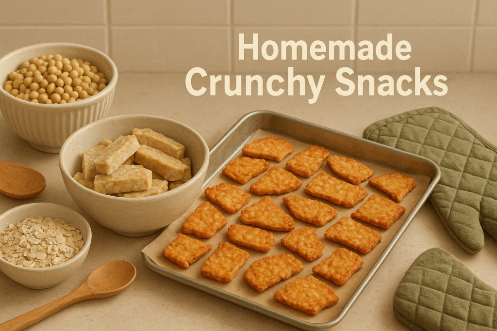“An assortment of homemade crunchy snack options, including roasted chickpeas and oats, presented on a baking sheet alongside a bowl of chickpeas and a pot holder”