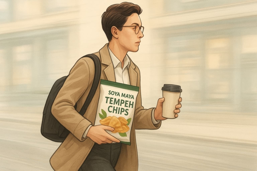 “A man carrying a package of Soya Maya tempeh chips, a high-protein plant-based snack, while walking and holding a coffee cup, suggesting the product's appeal to busy individuals”.